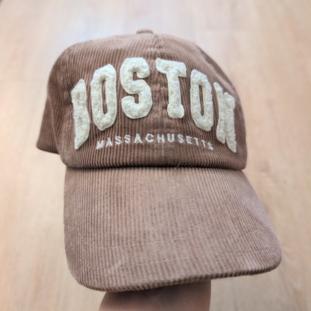 H&M Boston Massachusetts Corduroy Baseball Cap Brown Tan Chenille Hat M/L
